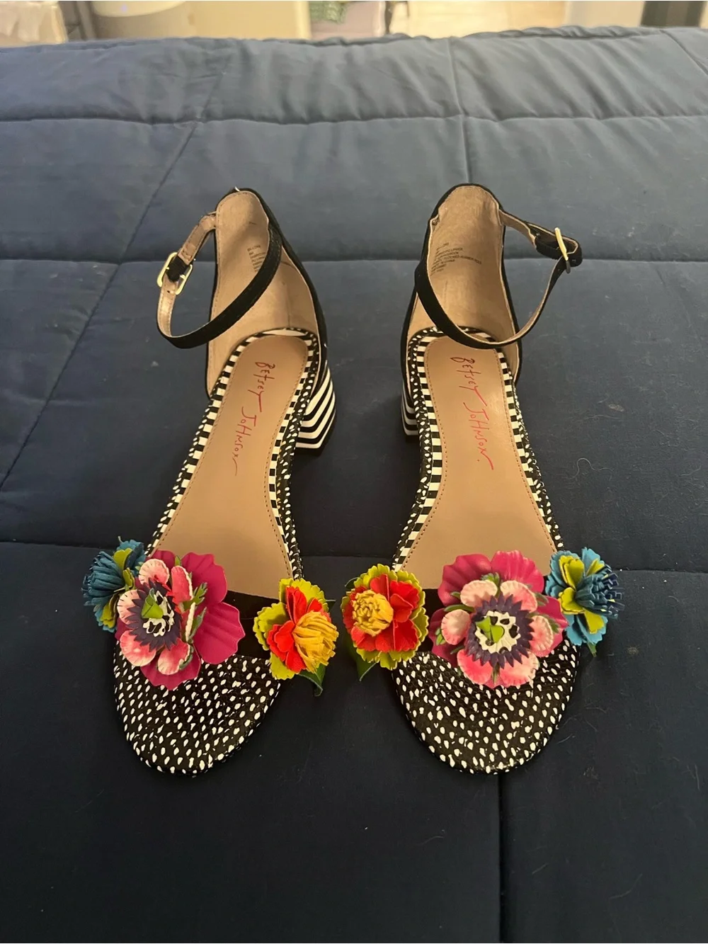 Betsey Johnson Black Floral Multi-Color Embellished Ankle-Strap Heels